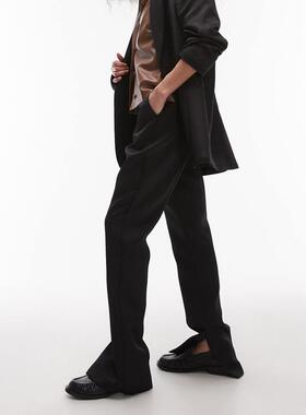 Topshop 女士 长裤 缎面直筒侧边开衩裤子(黑色)