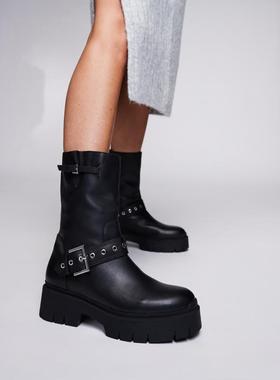 Hugo Red 女士 靴子 HUGO Kris 红色粗跟骑士靴子(黑色)