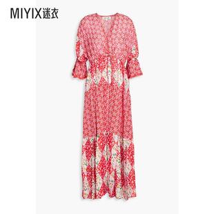 Boris Diane 女款 Furstenberg 印花棉质真丝混纺薄纱中长连衣 von