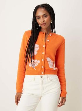 ASOS DESIGN 女士 开衫 设计花朵提花橙色针织开衫