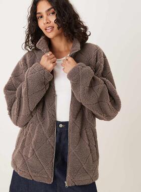 ASOS DESIGN 女士 卫衣 borg 设计绗缝全长拉链抓绒浅棕卫衣