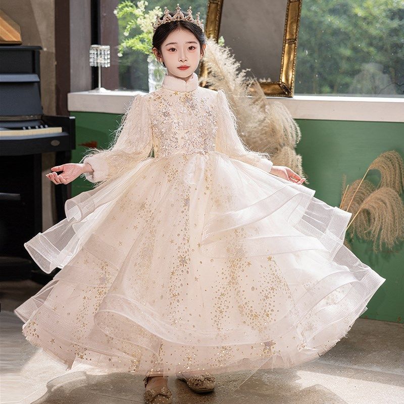 女童礼服冬季儿童生日公主裙花童婚礼小女孩主持人高定演出服加绒
