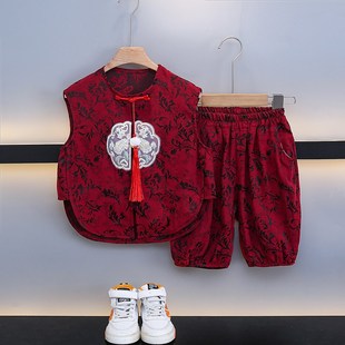 男童背心套装夏季汉服宝宝中式国风红色女童短袖男生周岁礼服衣服
