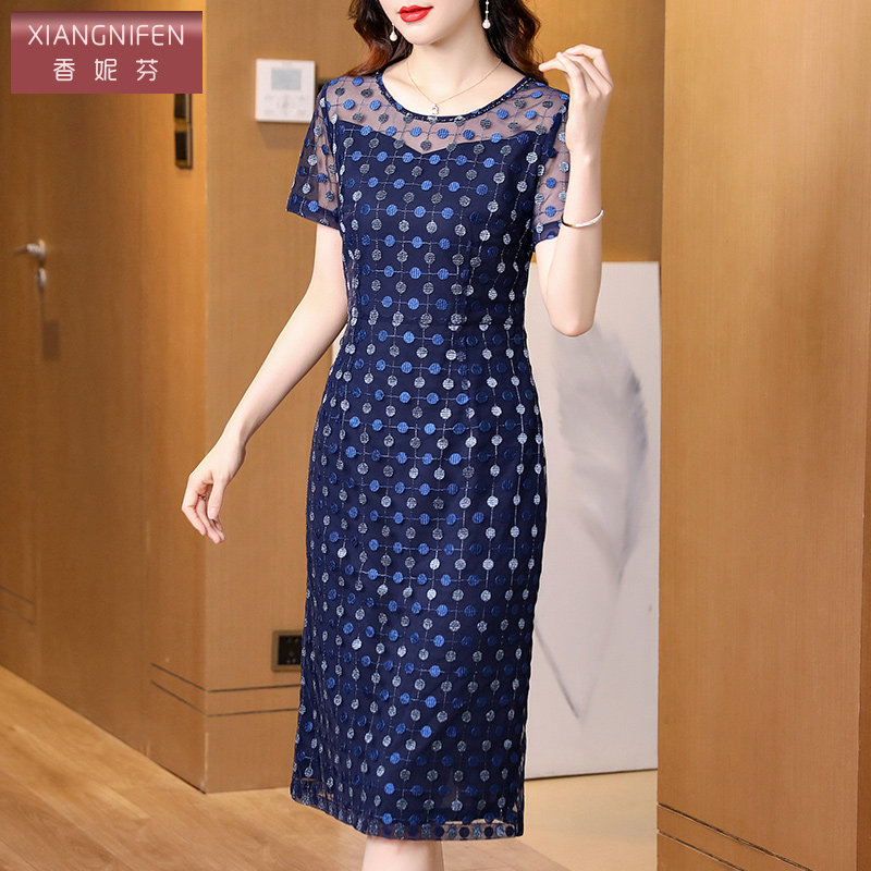 香妮芬波点网纱气质中年妈妈连衣裙女2025新款夏季高级感收腰裙子