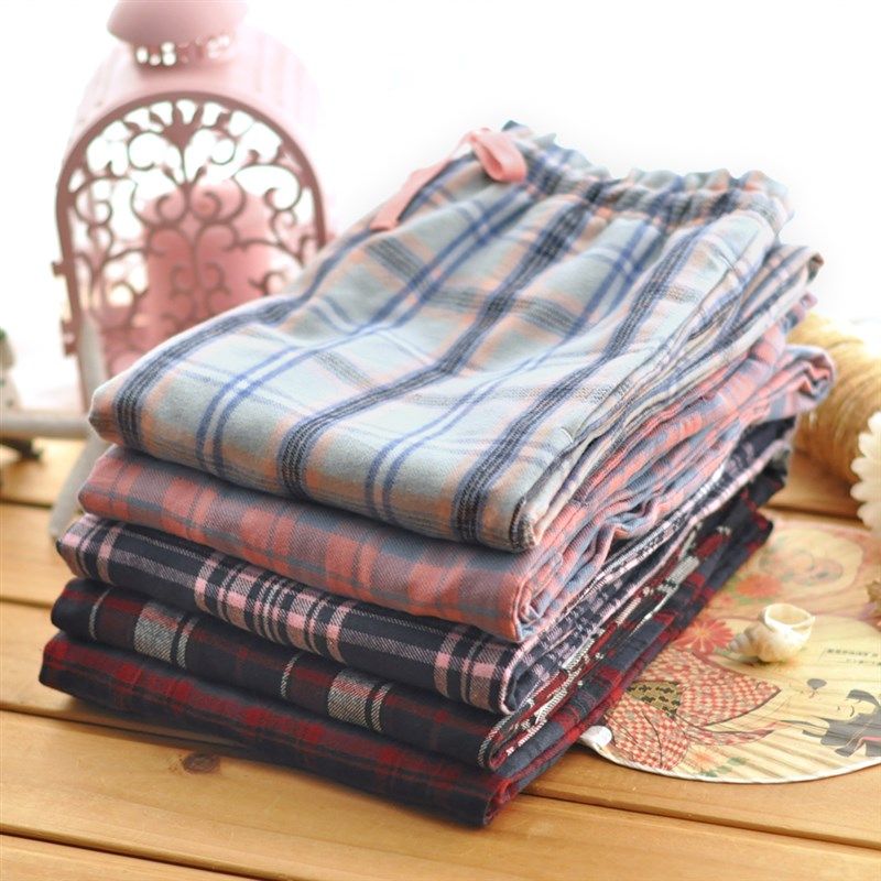 秋冬季纯棉色织法兰绒女式磨毛棉布保暖系绳格子休闲长裤睡裤包邮