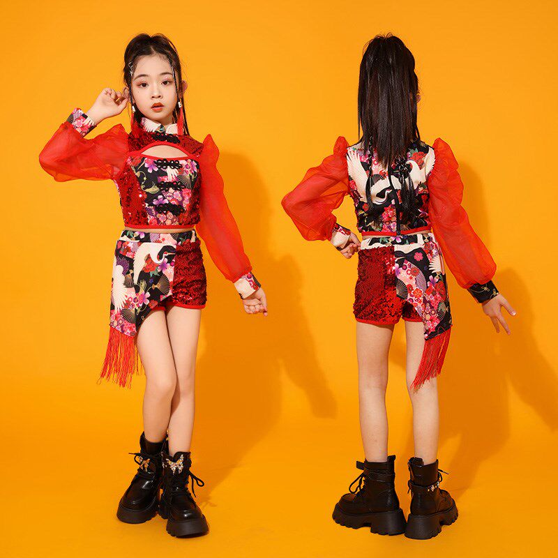 女童中国风舞蹈演出服少儿模特走秀爵士舞国潮表演服网红摄影套装