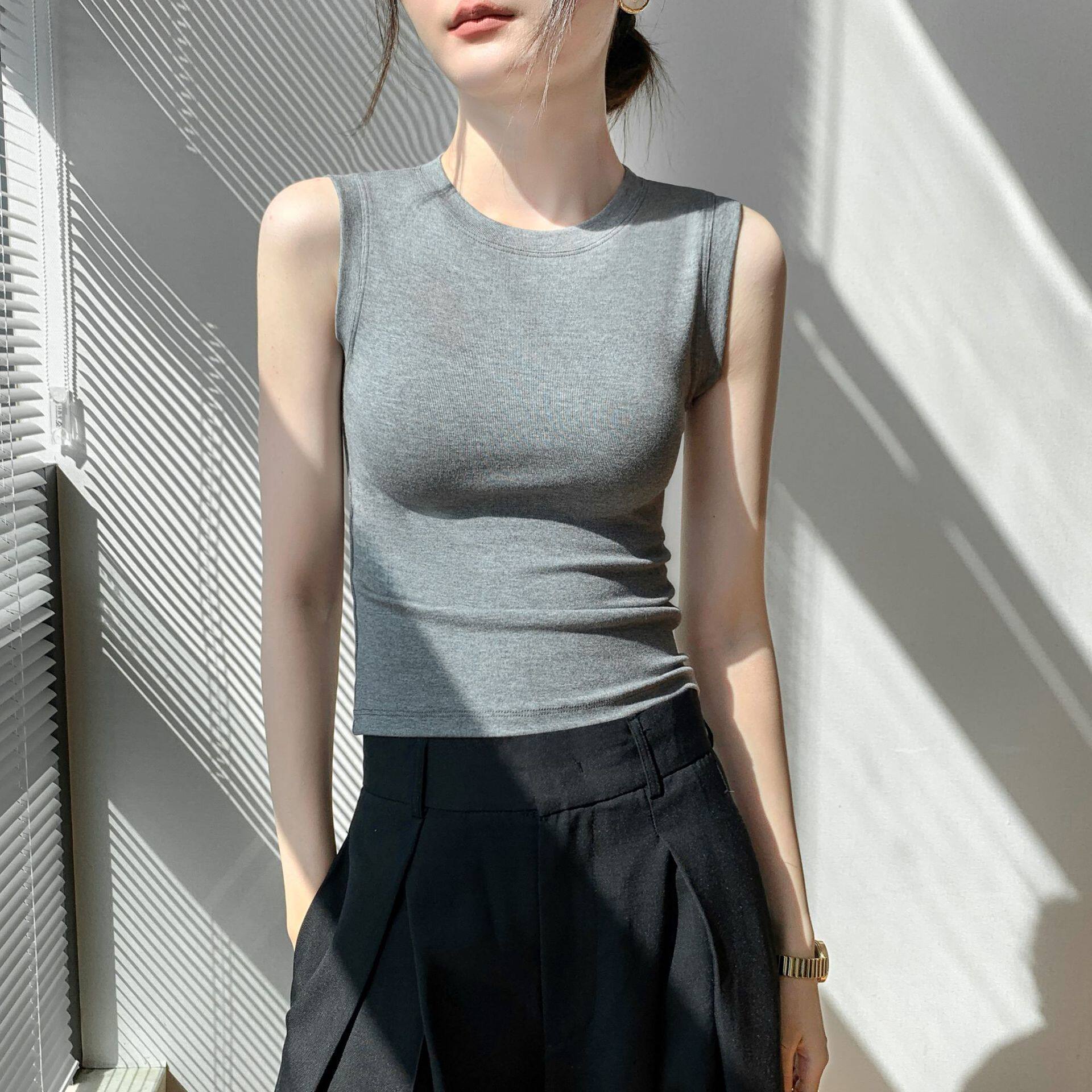 韩系黑色工字休闲吊带背心女夏季外穿遮副乳修身显瘦无袖内搭上衣