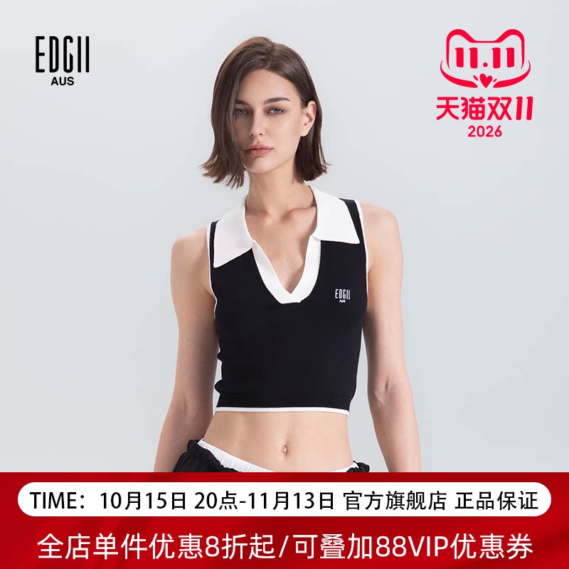 EDGII 刺绣翻领网球polo无袖针织背心运动风高腰短款显瘦外穿上衣