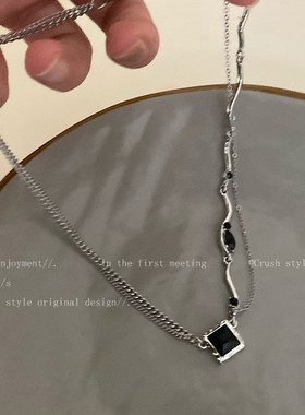 辣妹风~方形锆石双层链条项链女夏轻奢小众设计感高级脖颈链配饰