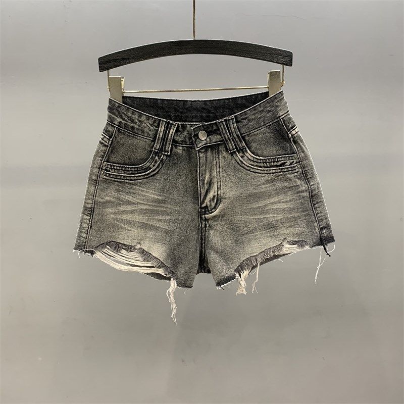 美式复古烟灰色牛仔短裤女2025夏季新款破洞毛边显瘦高腰a字热裤