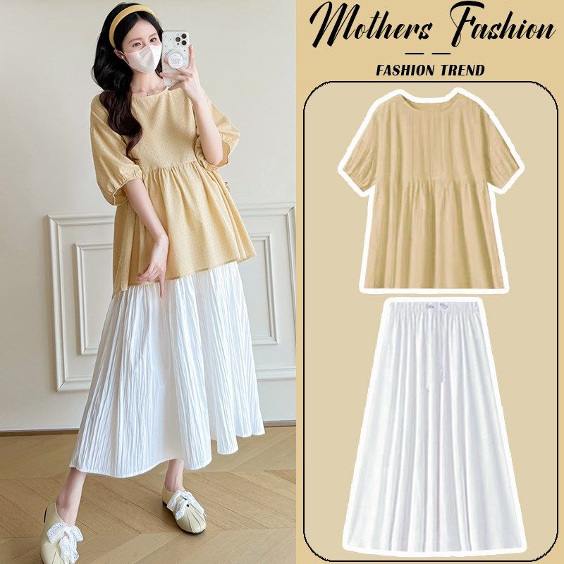 孕妇连衣裙套装夏季2025新款黄色宽松娃娃衫短袖上衣半身裙两件套