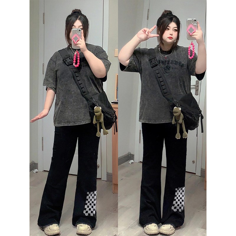 300斤大码女装黑色微喇牛仔裤女胖mm夏季黑色裤子显瘦弹力阔腿裤