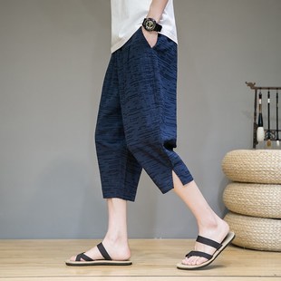 男士 七分裤 宽松直筒棉麻运动裤 裤 亚麻休闲短裤 薄款 沙滩裤 子男夏季