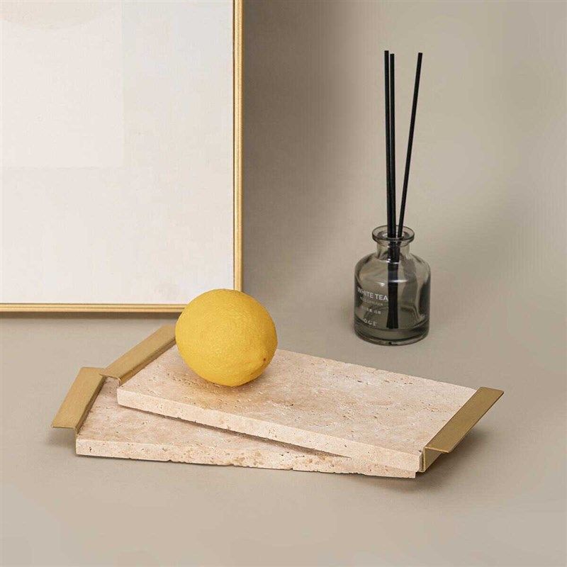 北欧轻奢天然大理石黄洞石托盘长方形金色边框水杯茶具收纳置物架,家居饰品,香薰托盘,淘宝优惠券,粉丝福利购,淘宝优惠卷
