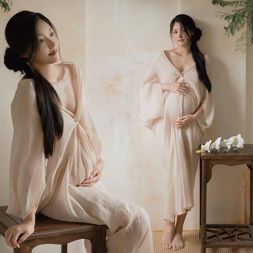 影楼孕妇新款复古清冷感高级禅意压皱新中式孕妈咪连衣裙拍照摄影