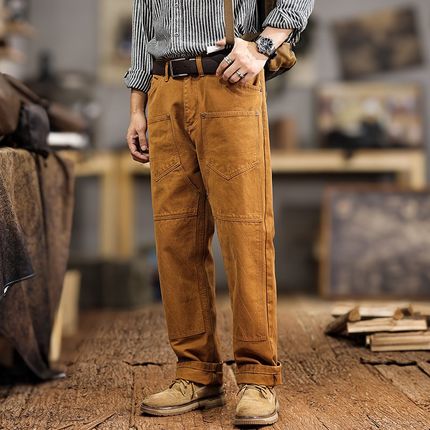 新款秋重磅工装裤男美式复古拼接口袋潮牌宽松直筒休闲裤子NX136