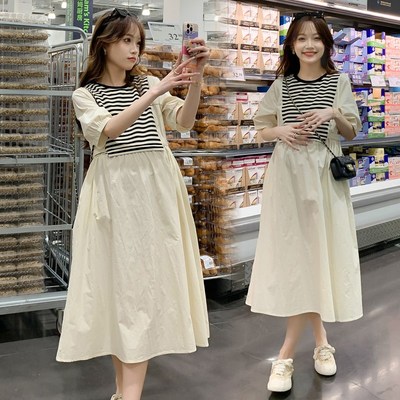 孕妇装夏装时尚中长款上衣宽松拼接条纹连衣裙夏天大码短袖长裙子