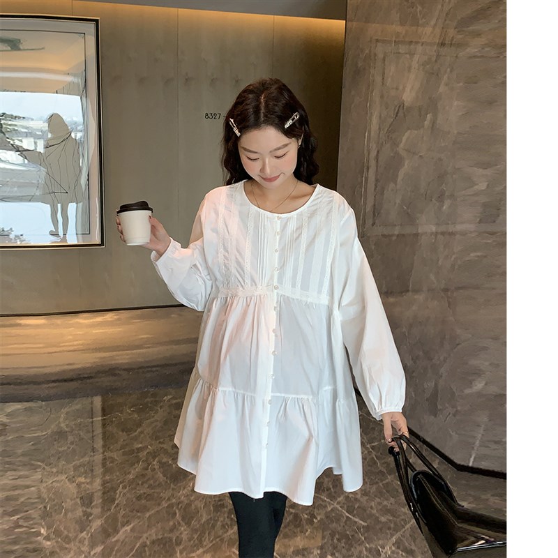花边褶子~孕妇设计感春装长袖衬衫小个子法式连衣裙圆领气质上衣