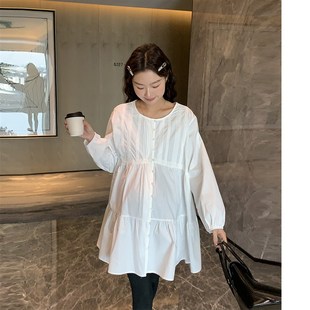 花边褶子~孕妇设计感春装长袖衬衫小个子法式连衣裙圆领气质上衣