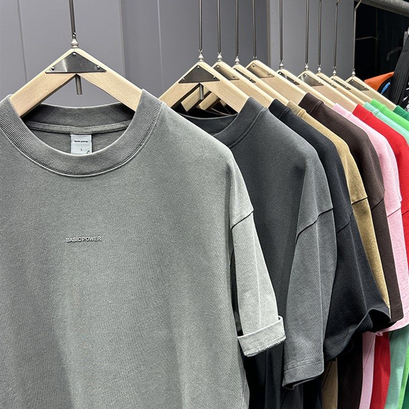 多巴胺糖果色 重磅300g纯棉圆领短袖T恤男女落肩宽松休闲大码半袖