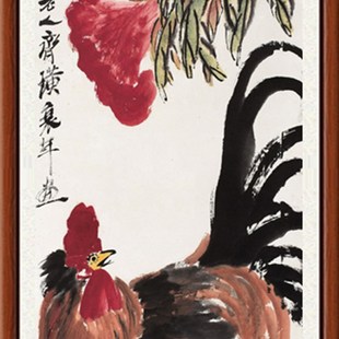 国画雄鸡图装饰画水墨画挂画 高清字画客厅书画齐白石 加官赠装裱