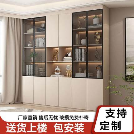 轻奢书柜书架一体组合带玻璃门储物柜家用整墙落地实木书橱