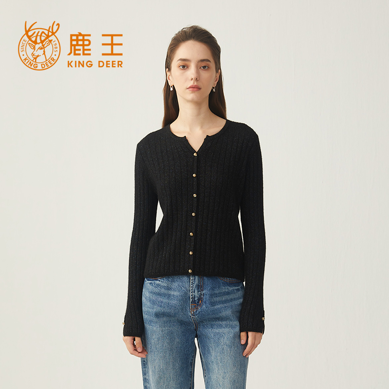 King Deer/鹿王純羊絨假開衫女春秋2025新款氣質設計感針織上衣