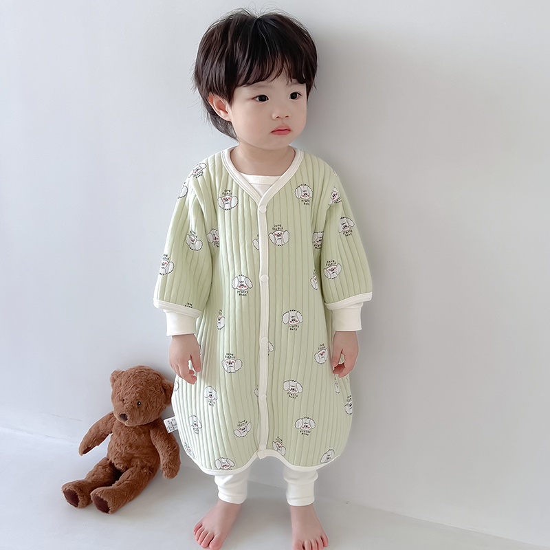 儿童防踢睡袍宝宝夹棉连体睡v衣婴儿防着凉马甲春秋冬保暖睡袋开