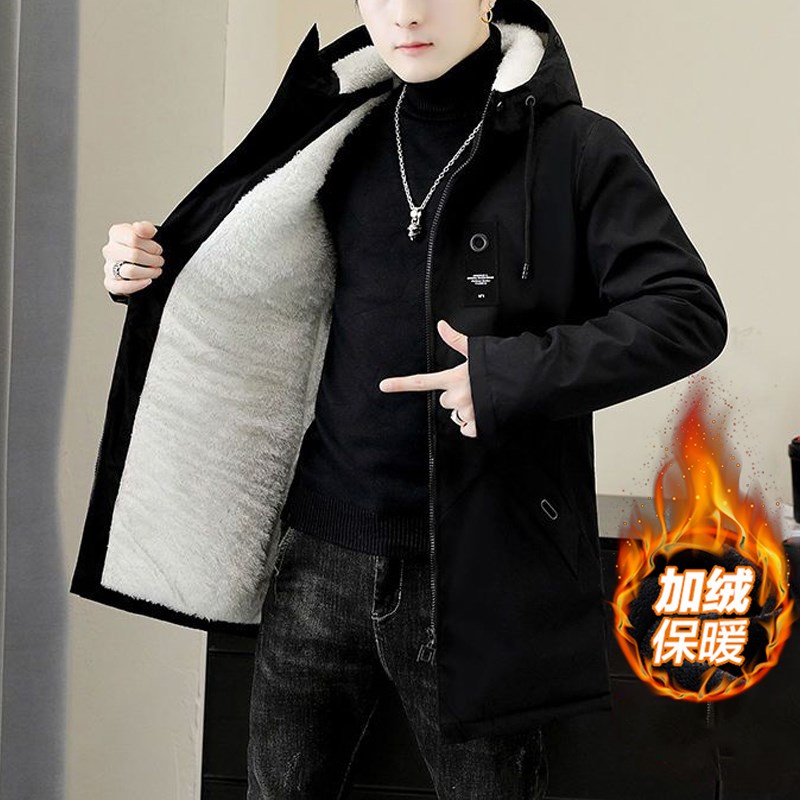 秋冬外套男士加绒加厚中长款连帽夹克披风2024防风V保暖冲锋衣男