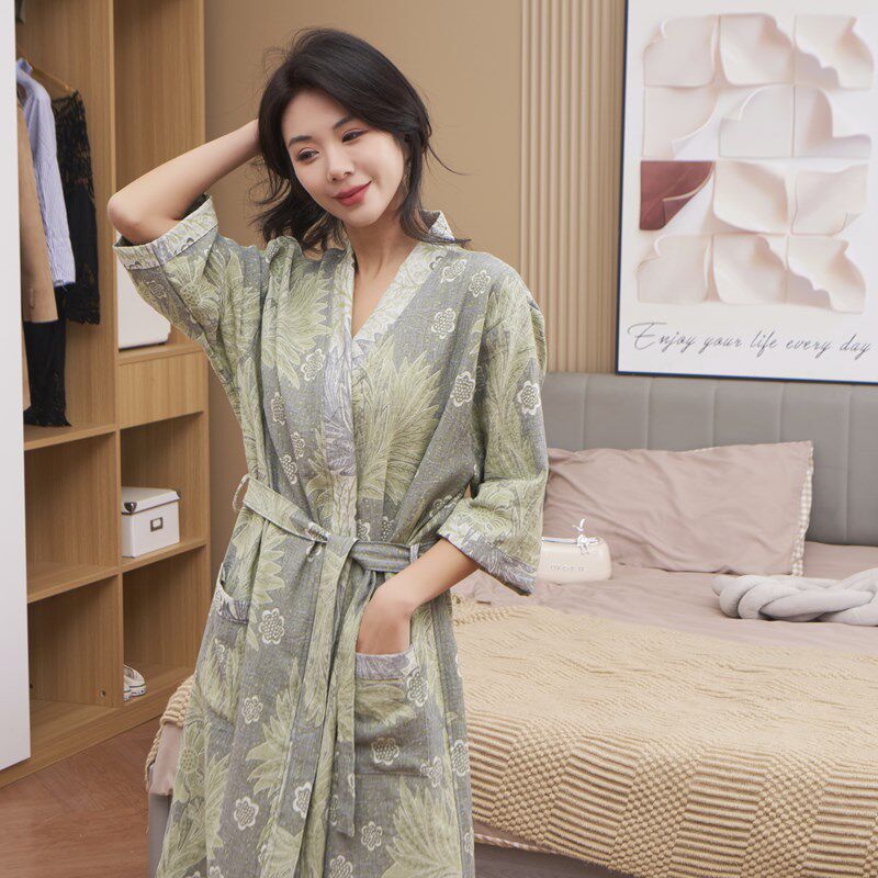 浴袍女纯棉吸水浴衣双层纱布2x025新款国风睡衣家居服夏季全棉睡