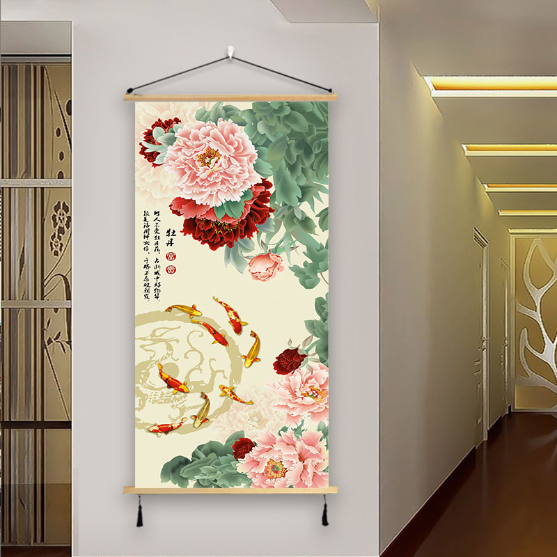 聚财荷花九鱼图装饰画新中u式玄关客厅书房走廊过道古典墙壁画挂图片