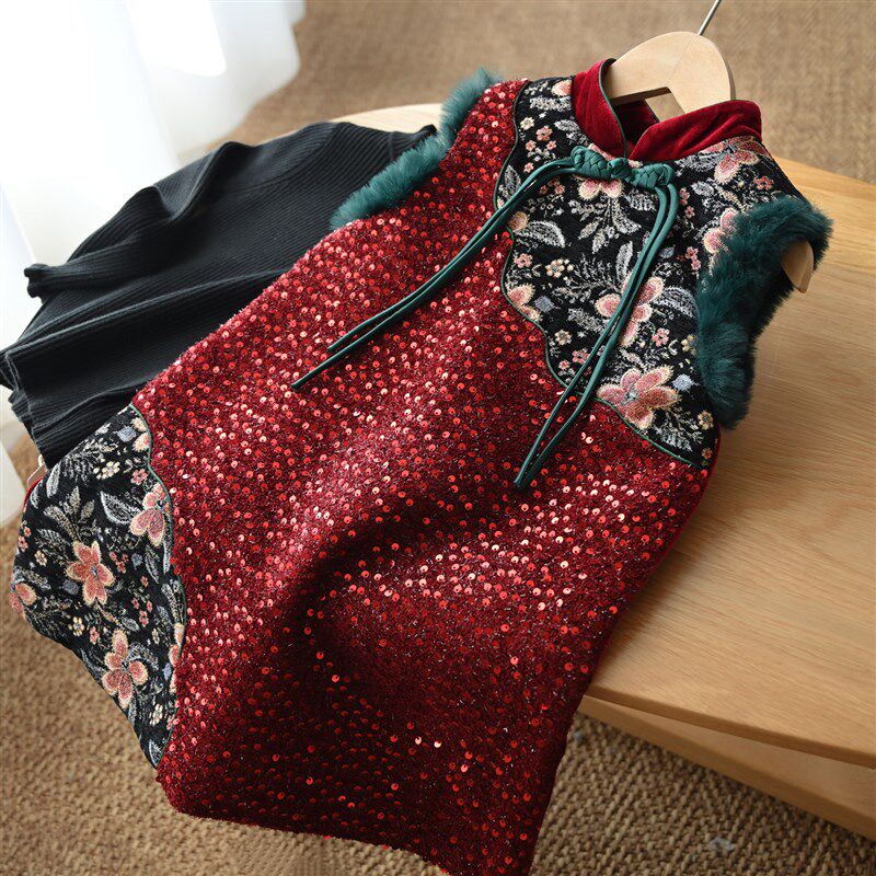 新年装 b国风旗袍裙拜年服 女童夹棉无袖背心裙 A字洋装 冬款