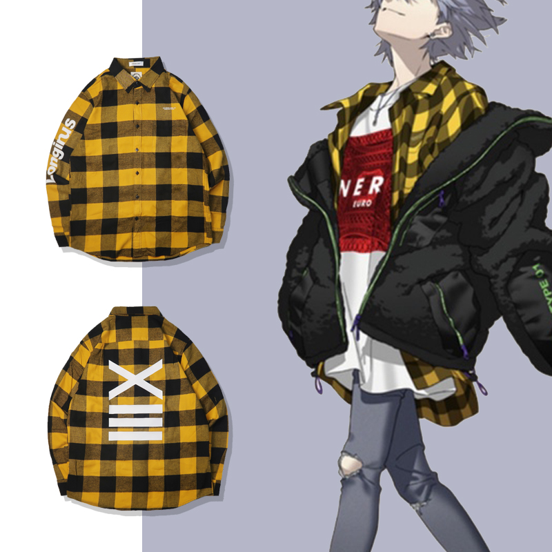 2023年春秋季新款eva人物cos纯棉格子磨毛长袖复古格子衬衫打底