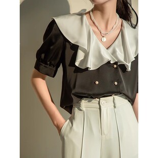 黑色短袖荷叶边衬衫女2025年夏季新款娃娃领缎面衬衣高级感上衣
