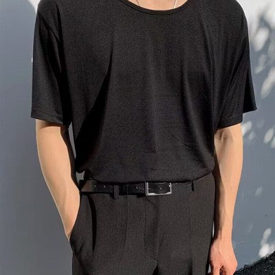 西服内搭白t恤男潮高级感宽松大领短袖设计感低领打底衫凉薄透气