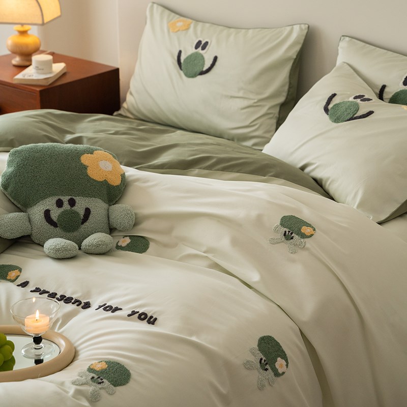 100S全棉长绒棉四件套卡通纯棉毛巾绣被套被罩床单床笠床品三件套