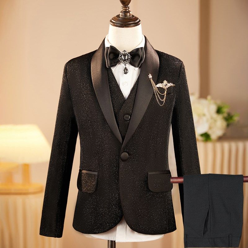 男童黑色西装亮片男孩钢琴演出服亮丝主持人学校晚会花童礼服正装
