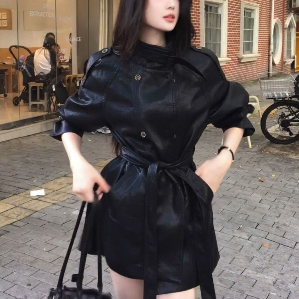黑色皮衣女中长款秋款韩