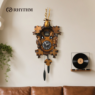 RHYTHM丽声布谷鸟挂钟欧式客厅家用创意钟表田园风音乐复古挂表