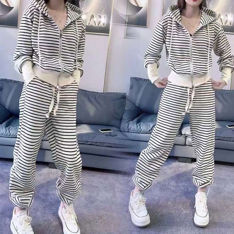 黑白条纹套装女时尚连帽卫衣拉链开衫休闲长裤洋气百搭两件运动服