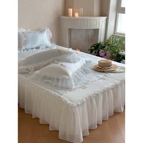 夏季床裙款凉感冰丝凉席三件套公主风可机洗蕾丝刺绣空调席软席子