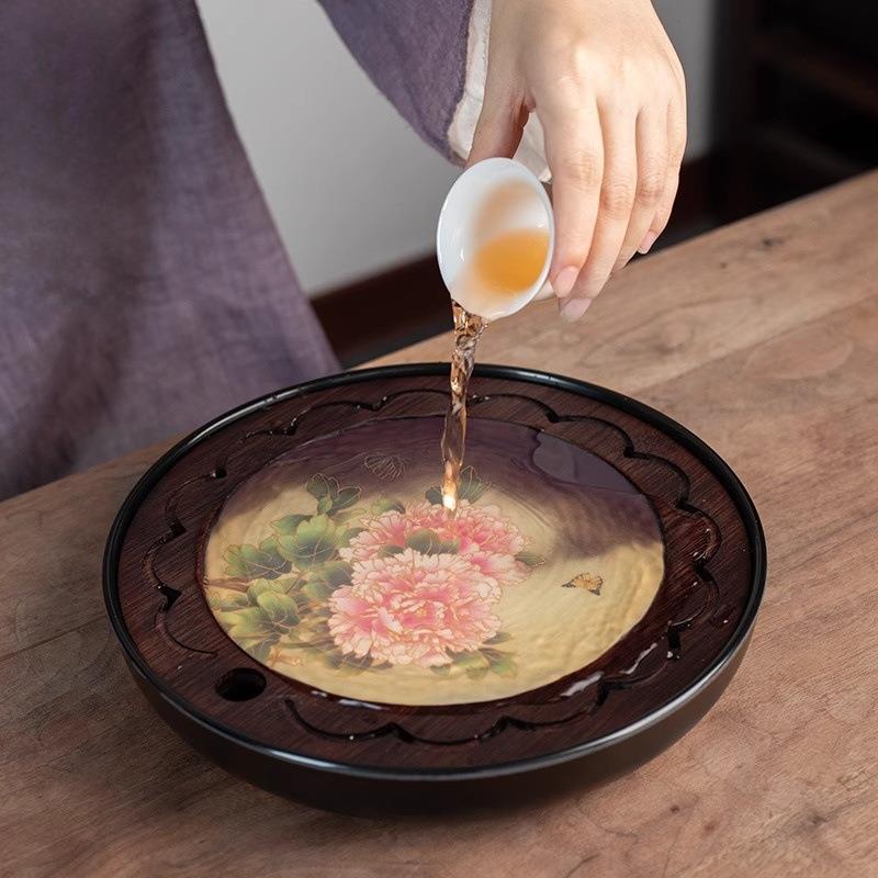 竹制茶盘沥水高档家用茶具简约托盘茶海圆形储水排水小型干泡茶台