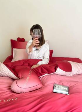 微醺渐变红色婚庆四件套100长绒棉纯棉被套结婚床单婚嫁床品1.8