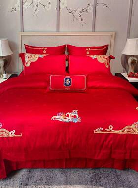 结婚床上用品陪嫁婚庆家纺红色四件套100支长绒棉刺绣十件套床品