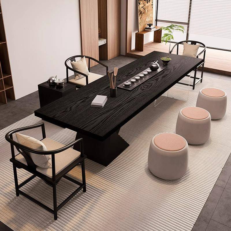 新中式实木茶桌椅组合工作室接待办公室茶桌黑色碳化家用客厅茶台