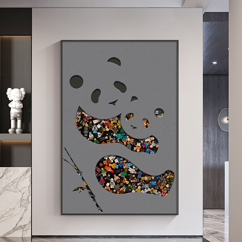 速发熊猫玄关装饰画轻奢实物积木壁画潮流走廊客厅挂画落地画