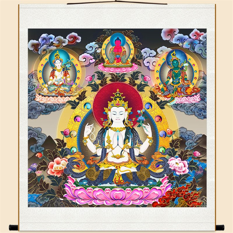 速发四臂观音唐卡佛像画 观世音菩萨 家用卷轴挂画可