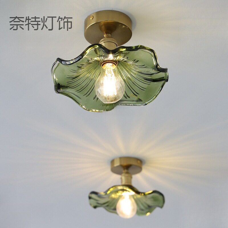 复古绿色荷叶吸顶灯北欧简约餐厅灯具玄关阳台吧台过道黄铜玻璃灯