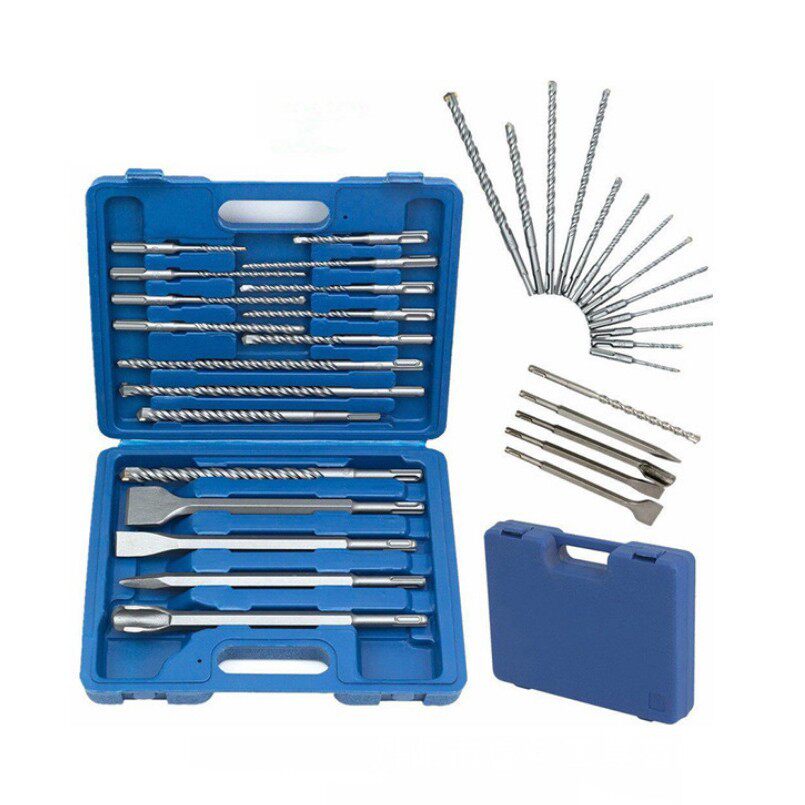 厂家跨境家用17/13pc圆柄冲击电锤钻头凿子塑盒套装 混凝土尖扁凿