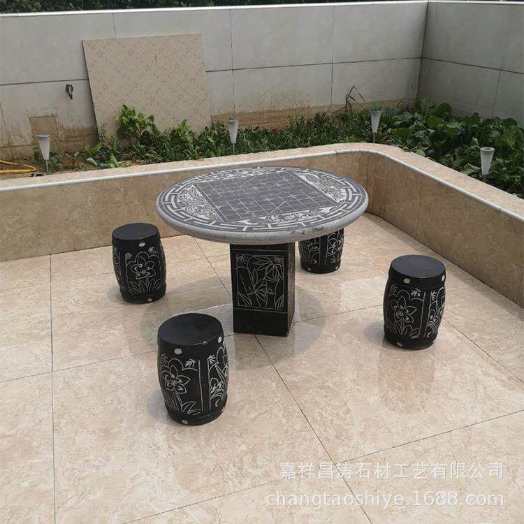 青石圆桌庭院景观石桌石凳摆件带象棋盘石桌石雕圆桌